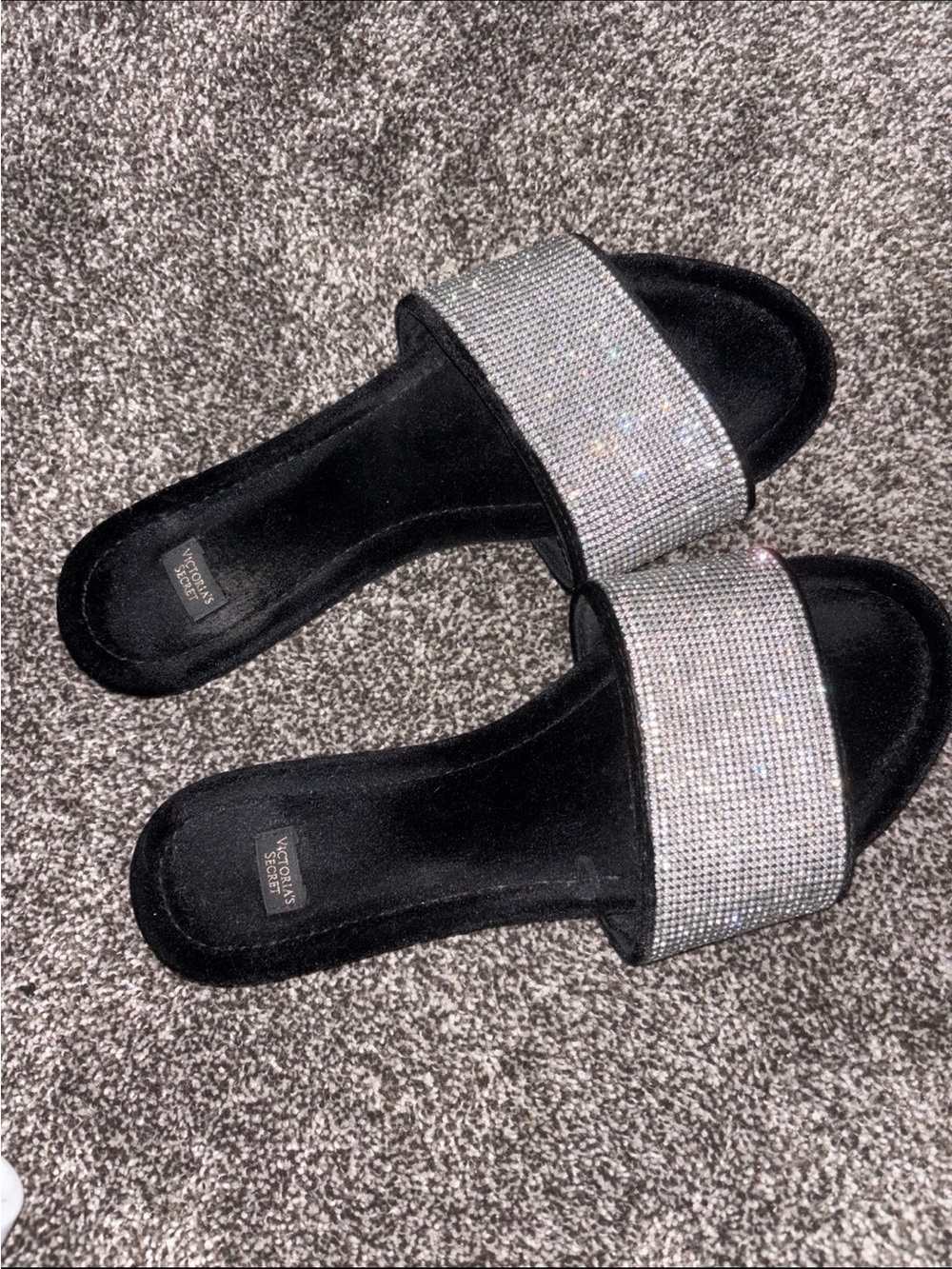 Victoria's Secret Black Slides with Silver Crystal Band